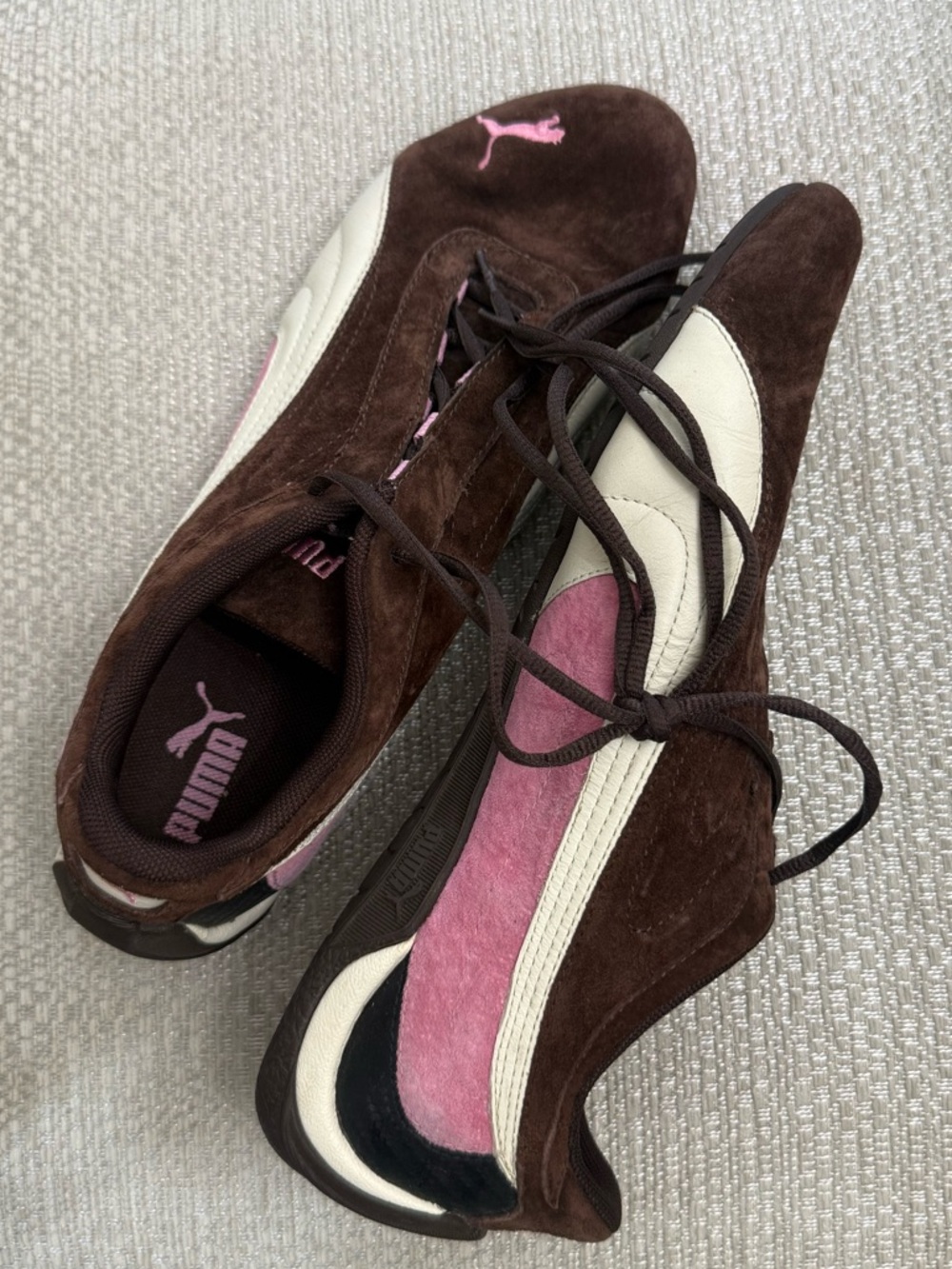 Puma Brown Suede Sneakers with Pink Accents